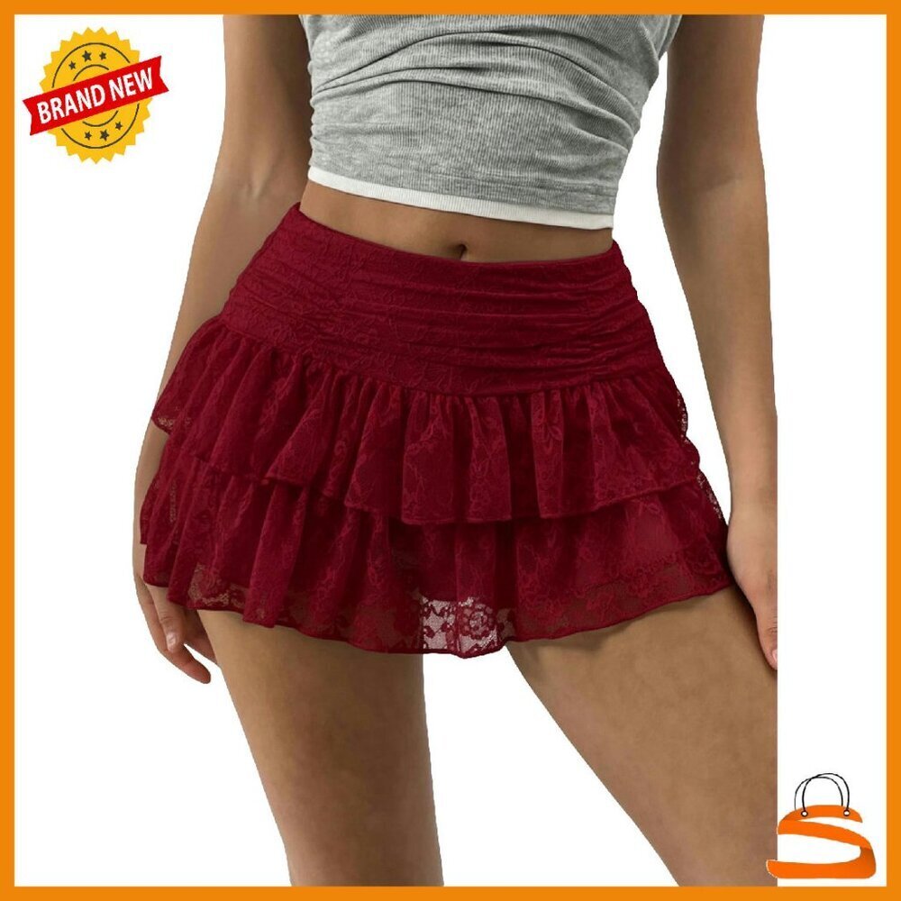 Y2K Lace Mini Skirt with Shorts High Waisted A Line Ruffle Skort